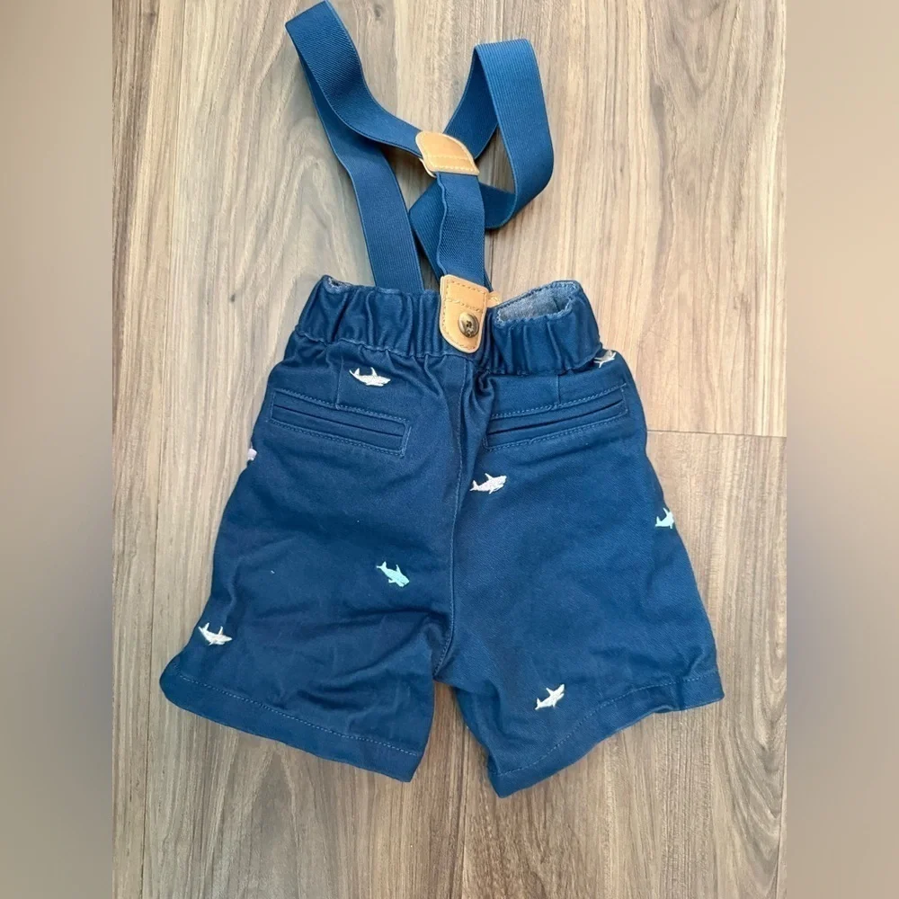 Gymboree Baby Blue Shorts with Shark Design and suspenders size 12-18M